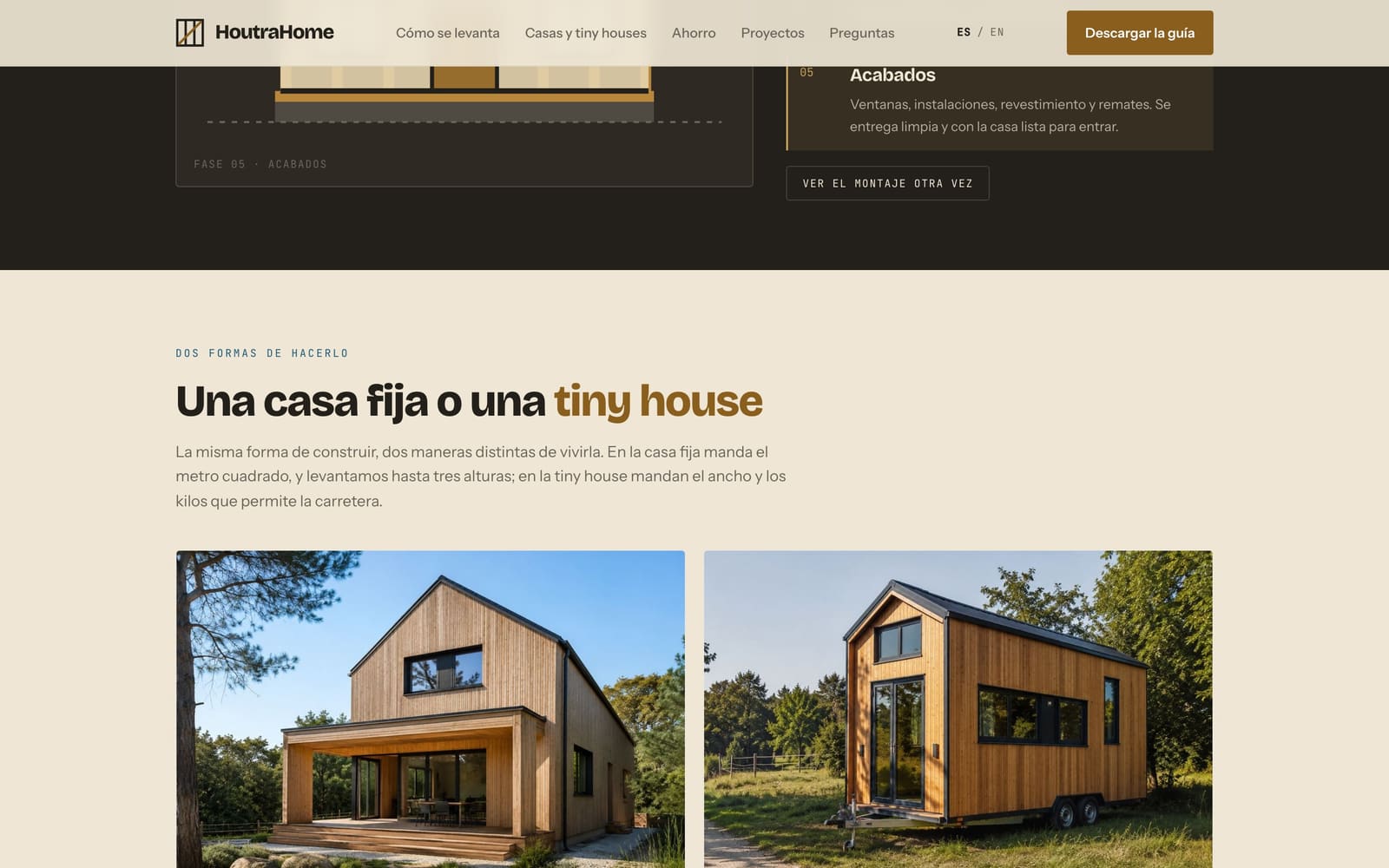 Sección de la web de HoutraHome que explica paso a paso cómo se levanta una casa de madera