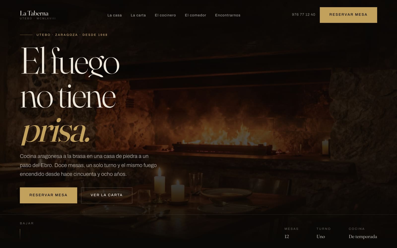 Portada de La Taberna: el titular El fuego no tiene prisa sobre la imagen de la brasa encendida en el comedor