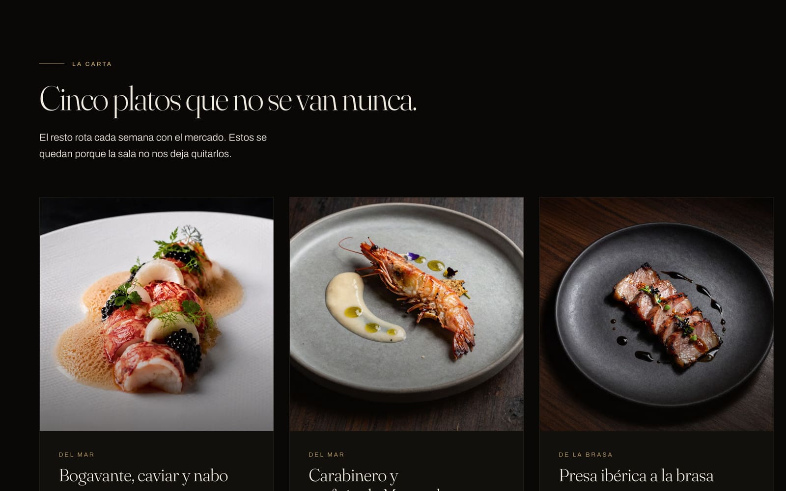 La carta de La Taberna presentada como un carrusel horizontal de platos con su precio